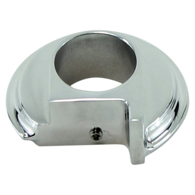 A chrome ring with a hole in the middle suitable for LC Fabrications Harley Bar Switch Eliminator-Clutch (polished) controls.