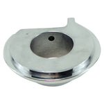 An LC Fabrications Harley Bar Switch Eliminator-Clutch (polished) plate with a hole in it.