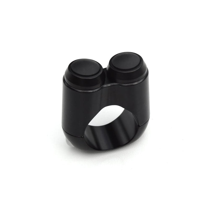 A black ring with two Motone DUAL BUTTON MICROSWITCH FOR 1" HANDLEBAR - BLACK buttons on it.