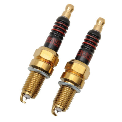 Two Drag Specialties Iridium Spark Plugs - 1999-2017 Twin Cam, 1986-2020 Sportster Models on a white background.
