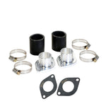 The TC Bros. Billet Aluminum Intake Manifold Kit for 1970-1984 Yamaha XS650 and TX650 includes two billet adapters, two rubber couplers, four hose clamps, and two gaskets shown on a white background.