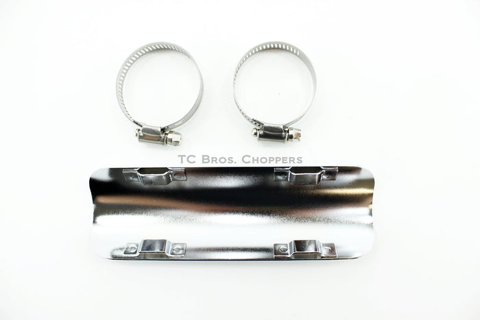 The Mid-USA Universal 7" Exhaust Heat Shield Kit by Mid-USA features a chrome-plated shield with two metal hose clamps, shown on a white background.