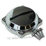 The Mid-USA Chrome Carb Cover for Harley-Davidson CV Carburetor features four mounting holes, matching screws, and visible "Mid-USA" branding on a white background. Suitable for Keihin CV carbs.