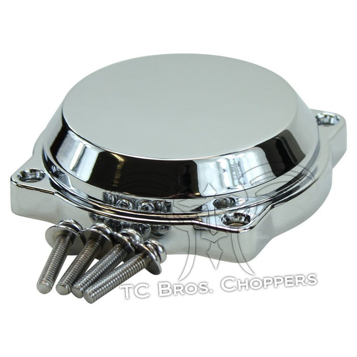 The Mid-USA Chrome Carb Cover for Harley-Davidson CV Carburetor features four mounting holes, matching screws, and visible "Mid-USA" branding on a white background. Suitable for Keihin CV carbs.