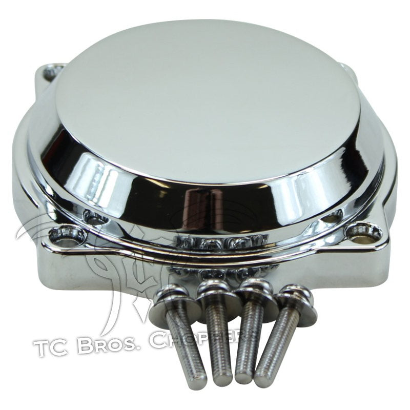 The Mid-USA Chrome Carb Cover for Harley-Davidson CV Carburetor features four mounting holes, matching screws, and visible "Mid-USA" branding on a white background. Suitable for Keihin CV carbs.