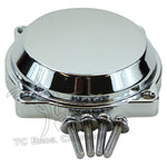 The Mid-USA Chrome Carb Cover for Harley-Davidson CV Carburetor features four mounting holes, matching screws, and visible "Mid-USA" branding on a white background. Suitable for Keihin CV carbs.