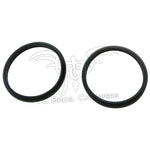Two black rubber O-rings from the Mid-USA Intake Manifold-to-Cylinder Head Gasket Set for 1984-2006 Harley-Davidson motorcycles are placed side by side on a white background with a faint logo and text beneath them.