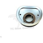The Mid-USA High Flow Washable Air Cleaner Element for Harley-Davidson Twin Cam features an oval metal design with blue pleated filter material and a central circular opening, engineered to boost performance in Twin Cam motorcycles. The product is shown against a white background.