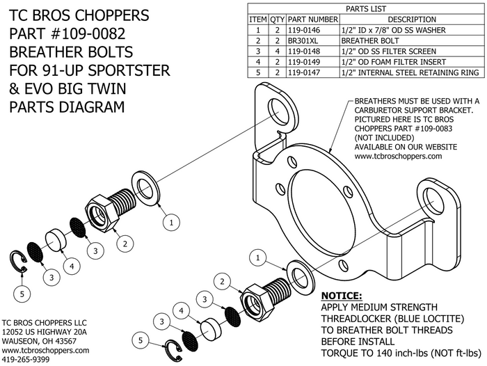 A diagram illustrating the parts for the TC Bros Breather Bolts For 1991-2022 Sportster & EVO Big Twin, including aftermarket air cleaners and crankcase venting.