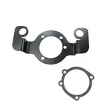 The TC Bros. Air Cleaner/Carb Support Bracket, designed for 1991-2006 Harley-Davidson Sportster, is a black metal bracket with a central circular opening and multiple bolt holes, shown with matching flat gasket included.