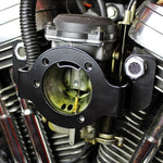 The TC Bros. Air Cleaner/Carb Support Bracket, designed for 1991-2006 Harley-Davidson Sportster, is a black metal bracket with a central circular opening and multiple bolt holes, shown with matching flat gasket included.