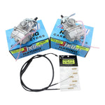 Two Mikuni 34MM VM round-slide performance carburetors for Yamaha XS650 are shown with a cable set and a Mikuni Carb Kit tuned by TC Bros. for Yamaha XS650 1976-1984 in front.