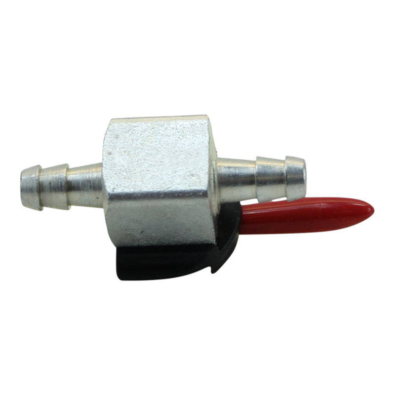 A Motion Pro 1/4" In-Line Fuel Shut Off Valve with barbed ends and a red handle on a white background.