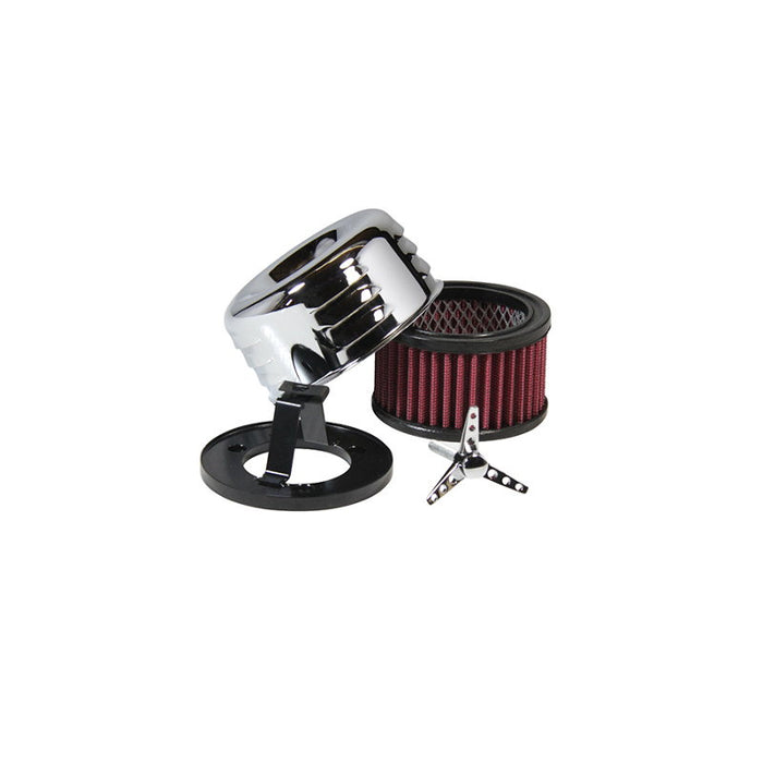 A disassembled TC Bros. Chrome Louvered Air Cleaner for HD CV Carbs & EFI with a chrome cover, red filter element, black mounting base, and hardware including screws and bolts—perfect for Harley Davidson Big Twin and Sportster models.