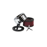 A TC Bros. Chrome Louvered Air Cleaner for S&S Super E & G Carbs with a chrome cover, a cylindrical red air filter, a black mounting bracket, three bolts, a screw, and a three-spoke wing nut are displayed, perfect for V-Twin engines.