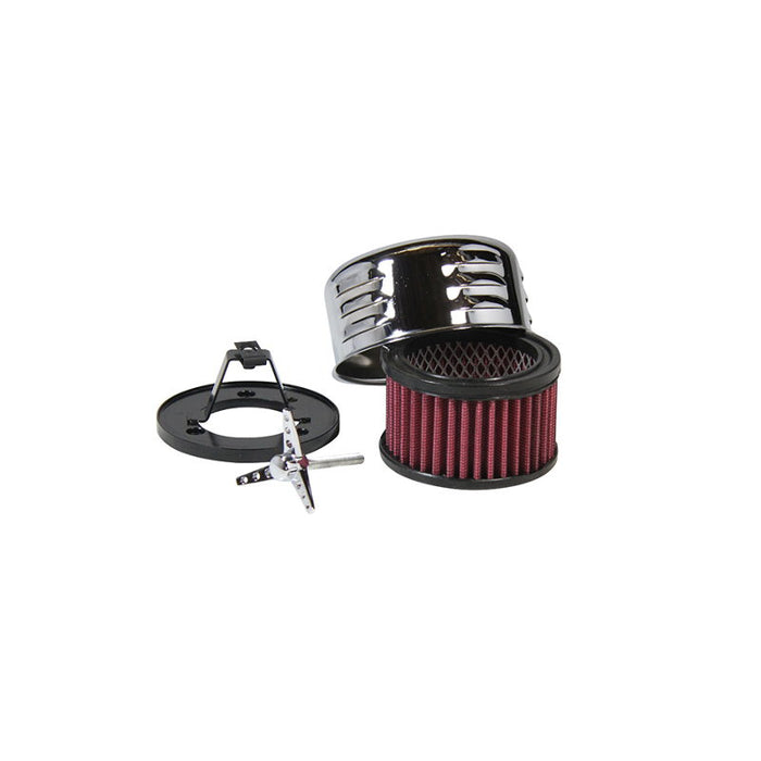 A disassembled TC Bros. Chrome Louvered Air Cleaner for HD CV Carbs & EFI with a chrome cover, red filter element, black mounting base, and hardware including screws and bolts—perfect for Harley Davidson Big Twin and Sportster models.