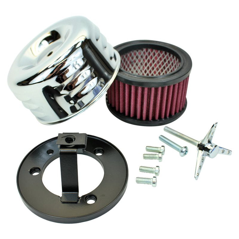 A disassembled TC Bros. Chrome Louvered Air Cleaner for HD CV Carbs & EFI with a chrome cover, red filter element, black mounting base, and hardware including screws and bolts—perfect for Harley Davidson Big Twin and Sportster models.