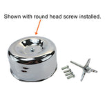A TC Bros. Chrome Louvered Air Cleaner for S&S Super E & G Carbs with a chrome cover, a cylindrical red air filter, a black mounting bracket, three bolts, a screw, and a three-spoke wing nut are displayed, perfect for V-Twin engines.