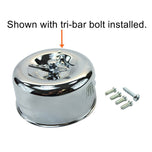 A TC Bros. Chrome Louvered Air Cleaner for S&S Super E & G Carbs with a chrome cover, a cylindrical red air filter, a black mounting bracket, three bolts, a screw, and a three-spoke wing nut are displayed, perfect for V-Twin engines.