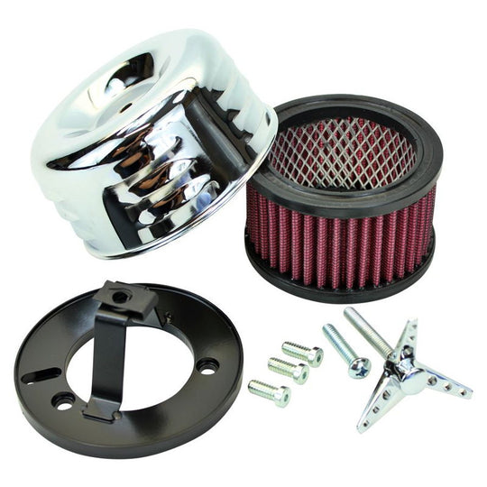 A TC Bros. Chrome Louvered Air Cleaner for S&S Super E & G Carbs with a chrome cover, a cylindrical red air filter, a black mounting bracket, three bolts, a screw, and a three-spoke wing nut are displayed, perfect for V-Twin engines.