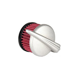 The TC Bros. Air Cleaner for Harley-Davidson Bendix, Zenith, and Keihin Butterfly Carburetors features red pleated fabric and a ribbed silver metal cap. This round cleaner by TC Bros. is shown against a white background.