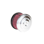 The TC Bros. Air Cleaner for Harley-Davidson Bendix, Zenith, and Keihin Butterfly Carburetors features red pleated fabric and a ribbed silver metal cap. This round cleaner by TC Bros. is shown against a white background.