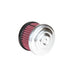 The TC Bros. Air Cleaner for Harley-Davidson Bendix, Zenith, and Keihin Butterfly Carburetors features red pleated fabric and a ribbed silver metal cap. This round cleaner by TC Bros. is shown against a white background.