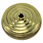 Two round, ridged metal LC Fabrications Decorative Tops for Mikuni Carburetors—one silver, one gold—shown on a white background.