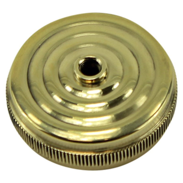 Two round, ridged metal LC Fabrications Decorative Tops for Mikuni Carburetors—one silver, one gold—shown on a white background.