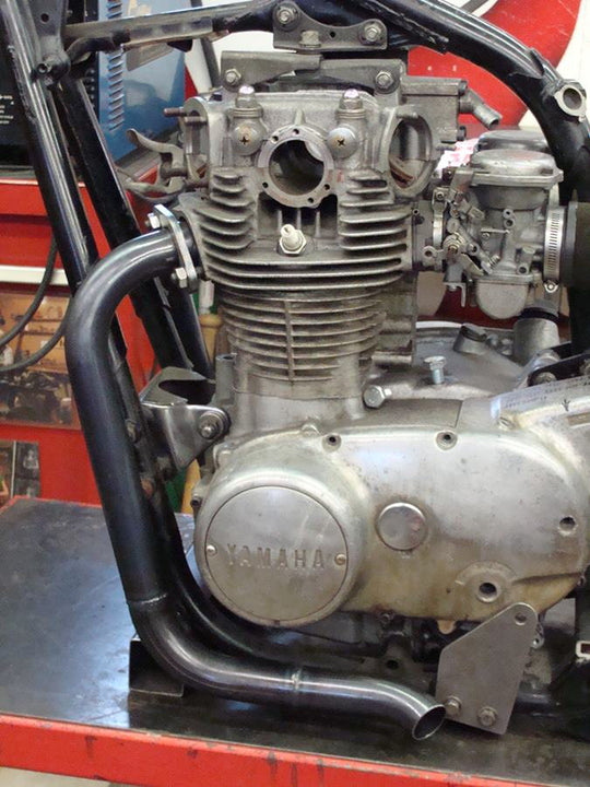 Yamaha XS650 with a custom exhaust system, the Pandemonium "Hot Rod" Exhaust System.