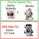 The TC Bros. Air Cleaner for Harley-Davidson Bendix, Zenith, and Keihin Butterfly Carburetors features red pleated fabric and a ribbed silver metal cap. This round cleaner by TC Bros. is shown against a white background.