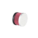 The TC Bros. Air Cleaner for Harley-Davidson Bendix, Zenith, and Keihin Butterfly Carburetors features red pleated fabric and a ribbed silver metal cap. This round cleaner by TC Bros. is shown against a white background.