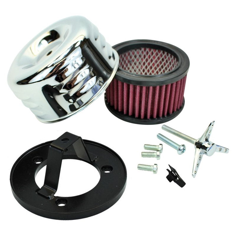 A disassembled TC Bros. Chrome Louvered Air Cleaner Bendix Zenith & Keihin Butterfly Carbs for Harley Davidson Big Twin Sportster, featuring a chrome cover, red filter element, and black mounting hardware such as a bracket, screws, and a cross-shaped bolt.