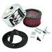 The TC Bros. Air Cleaner for Harley-Davidson Bendix, Zenith, and Keihin Butterfly Carburetors features red pleated fabric and a ribbed silver metal cap. This round cleaner by TC Bros. is shown against a white background.