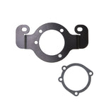 The TC Bros. Air Cleaner/Carb Support Bracket for 1988-1990 Harley-Davidson Sportster features a black metal bracket with a circular center and four holes, plus a matching flat gasket—perfect for supporting your carb setup.