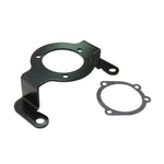 The TC Bros. Air Cleaner/Carb Support Bracket for 1999-2006 Harley-Davidson Twin Cam features a central circular opening with two side extensions, shown alongside a matching gasket with four bolt holes for CV carb compatibility.