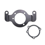 The TC Bros. Air Cleaner/Carb Support Bracket for 1999-2006 Harley-Davidson Twin Cam features a central circular opening with two side extensions, shown alongside a matching gasket with four bolt holes for CV carb compatibility.