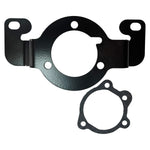 The TC Bros. Air Cleaner/Carb Support Bracket for 1984-1988 Evo Big Twin, featuring black metal with three holes and two side extensions, is shown with a matching four-hole gasket. Designed for Harley-Davidson Evo applications.