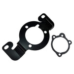 The TC Bros. Air Cleaner/Carb Support Bracket for 1984-1988 Evo Big Twin, featuring black metal with three holes and two side extensions, is shown with a matching four-hole gasket. Designed for Harley-Davidson Evo applications.