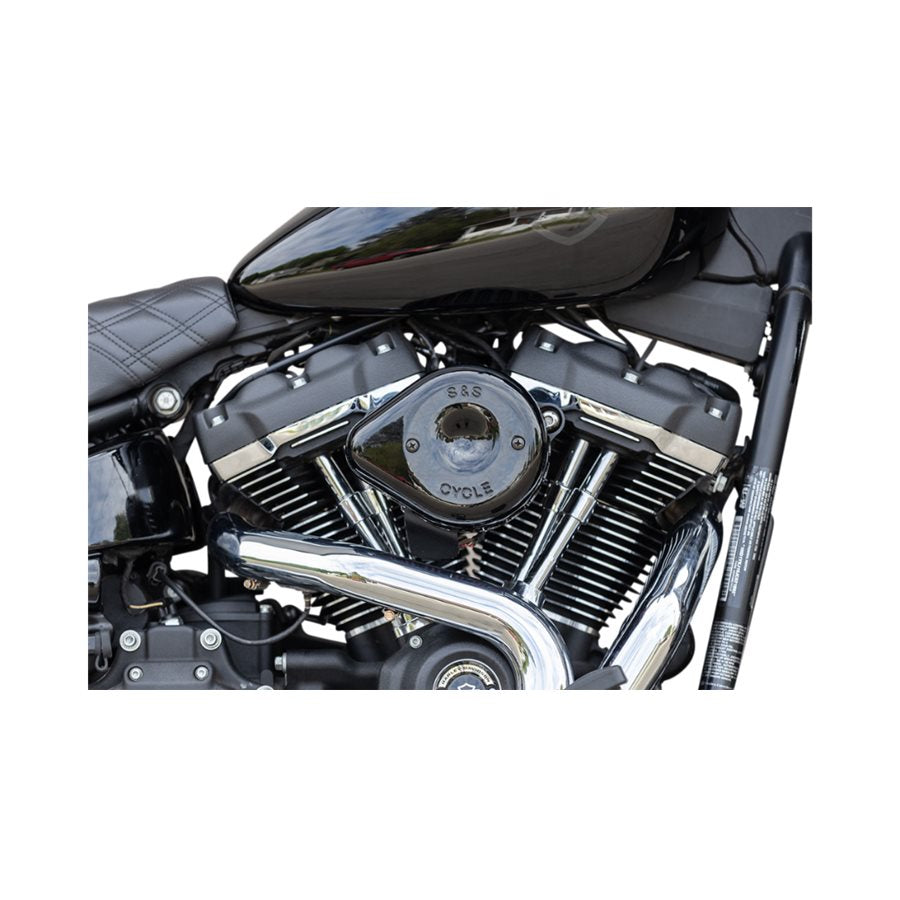 A sleek black S&S Cycle Mini Teardrop Stealth Air Cleaner Kit For Harley M8 2018-2022 Models, specifically designed for Harley M8 models from 2018-2022, placed against a clean white background.