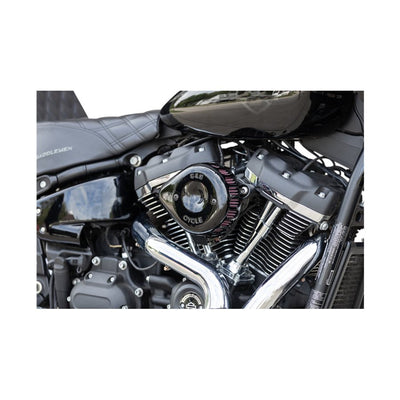 A sleek black S&S Cycle Mini Teardrop Stealth Air Cleaner Kit For Harley M8 2018-2022 Models, specifically designed for Harley M8 models from 2018-2022, placed against a clean white background.
