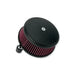 The Arlen Ness Big Sucker Stage 1 Air Cleaner, designed for 1988-2022 Harley-Davidson Sportster models, features a round chrome housing with a visible red pleated filter element and an attached metal fitting, all set against a white background. This high-performance air cleaner from Arlen Ness enhances your bike’s style while delivering increased horsepower.