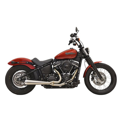 Harley-davidson softail with Bassani stainless exhaust and a Megaphone-style muffler body, perfect for those seeking the Road Rage III 2-into-1 Stainless Exhaust 18-24 FXBB/FXLR/FXFB/FLSL/FXLRS/FXFBS, 20-24 FXST experience.