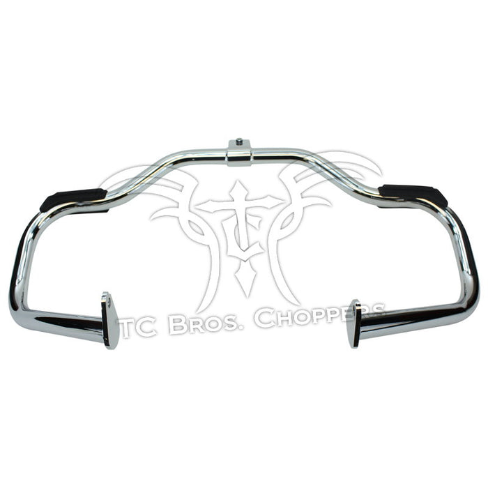 Mid-USA Front Crash Bar for 1997-2008 Harley-Davidson Touring, featuring mounting brackets and rubber pads, is shown on a white background with a TC Bros. Choppers watermark.