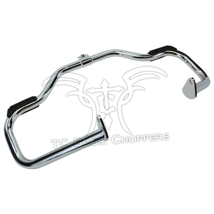 Mid-USA Front Crash Bar for 1997-2008 Harley-Davidson Touring, featuring mounting brackets and rubber pads, is shown on a white background with a TC Bros. Choppers watermark.