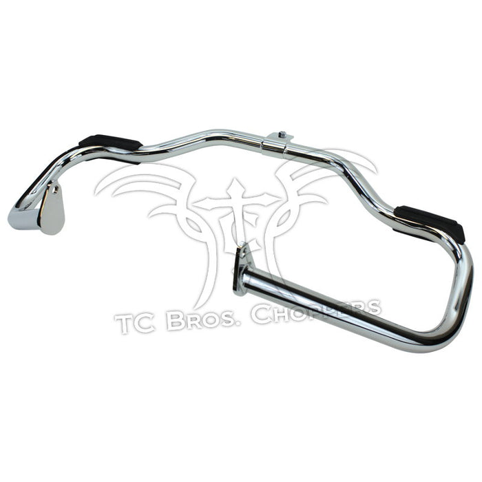 Mid-USA Front Crash Bar for 1997-2008 Harley-Davidson Touring, featuring mounting brackets and rubber pads, is shown on a white background with a TC Bros. Choppers watermark.