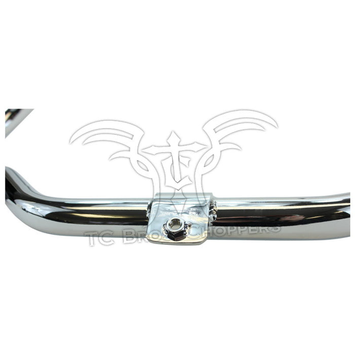 Mid-USA Front Crash Bar for 1997-2008 Harley-Davidson Touring, featuring mounting brackets and rubber pads, is shown on a white background with a TC Bros. Choppers watermark.