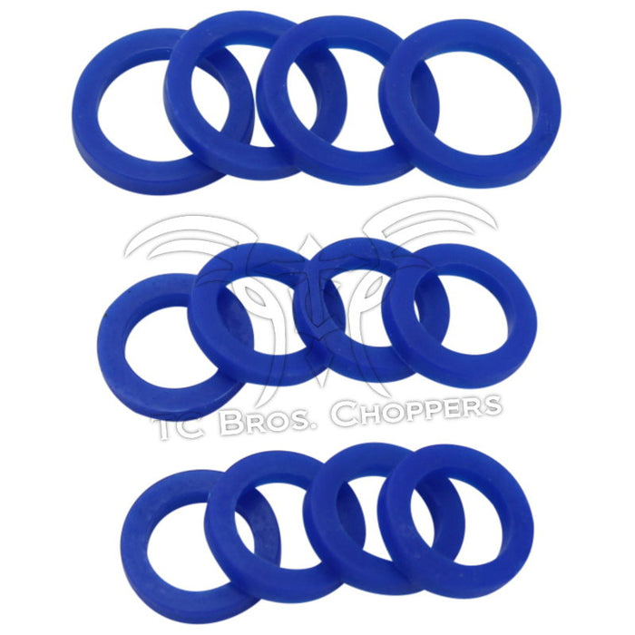 Twelve blue Mid-USA pushrod tube seals for 1948-E1978 Harley-Davidson Panhead and Shovelhead are arranged in three rows on a white background, perfect for a silicone seal kit.