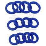 Twelve blue Mid-USA pushrod tube seals for 1948-E1978 Harley-Davidson Panhead and Shovelhead are arranged in three rows on a white background, perfect for a silicone seal kit.