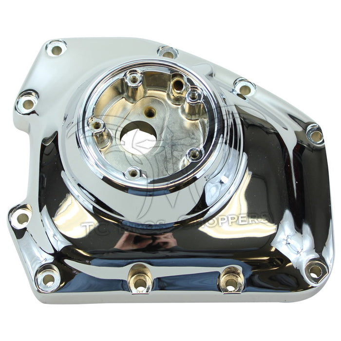 Chrome Mid-USA Cam Cover for 1999-2000 Harley-Davidson Twin Cam, featuring a circular center opening and mounting holes along the perimeter.
